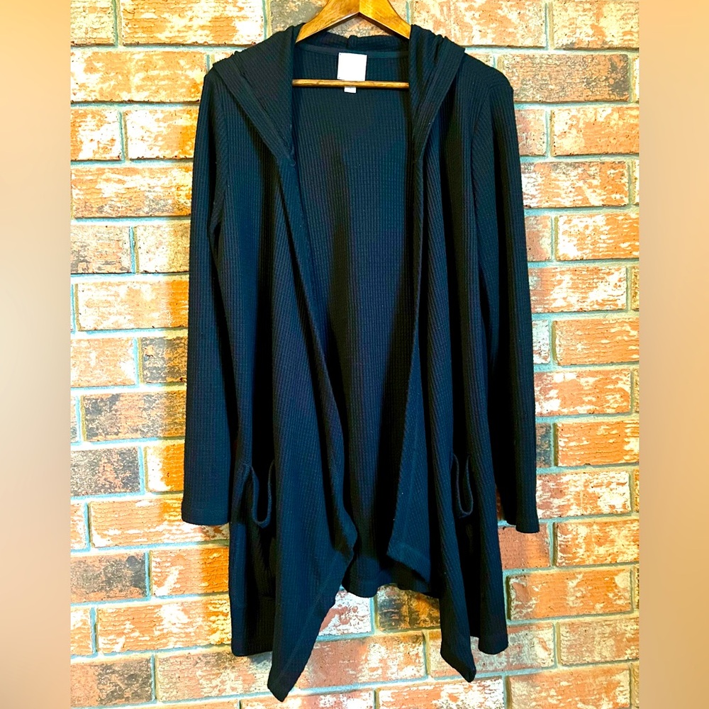 Sunday Black Waffle Knit Long Open Cardigan Sweater Size S